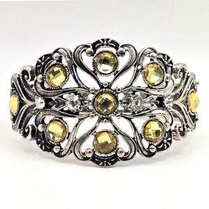 SOL 660‎ Silver Tone Filigree Yellow Crystal Hinged Cuff Bracelet Vintage-Style